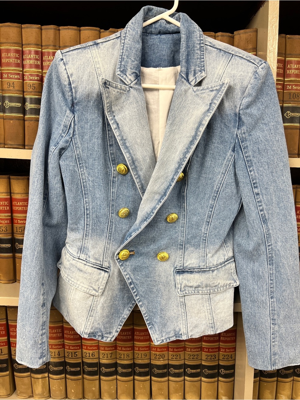Light Blue Denim Double-Breasted Women's Blazer Jacket